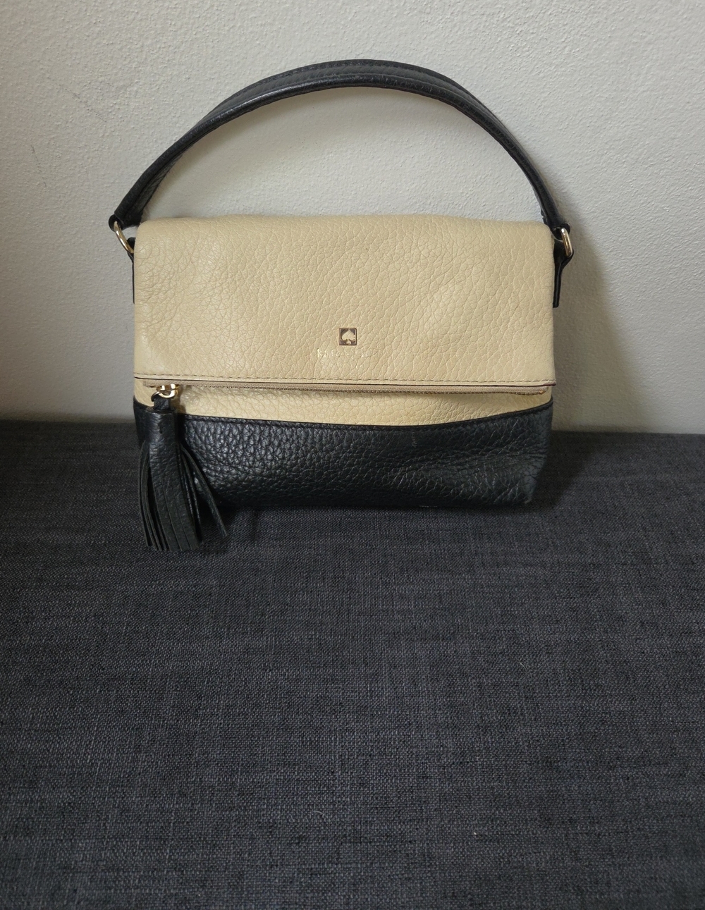 kate spade Cream & Black Leather Shoulder Bag with Tassel